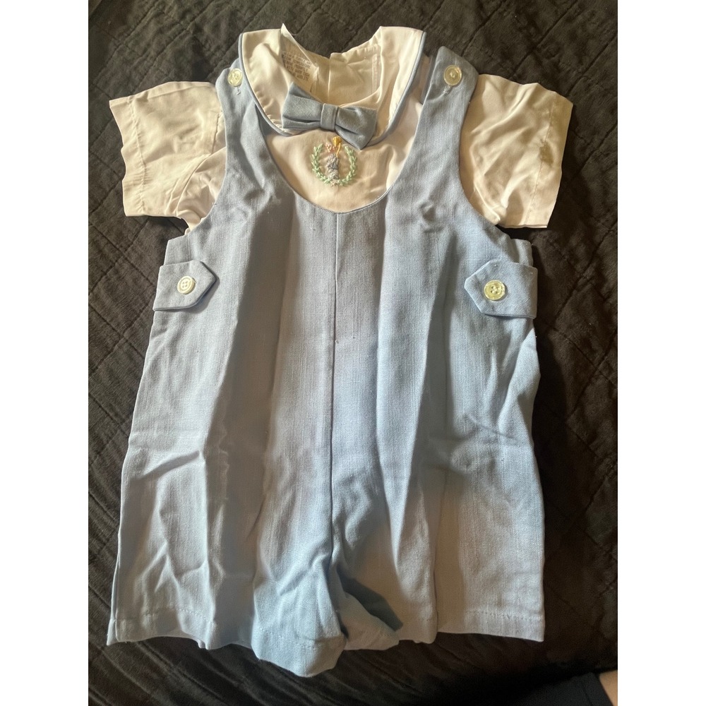 Magic Moments Vintage Baby Boy Romper Set Blue White Bunny Embroidered 24 Months